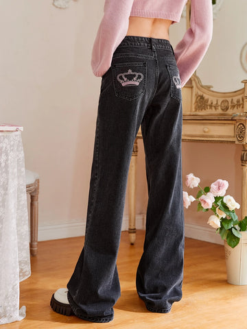ROMWE Sweetness Crown Embroidery Jeans