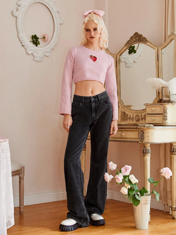 ROMWE Sweetness Crown Embroidery Jeans