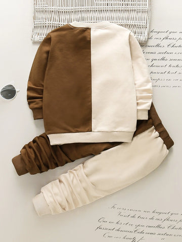 Toddler Boys Cartoon Face Print Two Tone Sweatshirt & Sweatpants