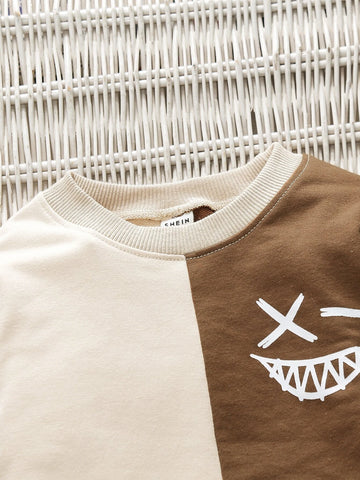 Toddler Boys Cartoon Face Print Two Tone Sweatshirt & Sweatpants
