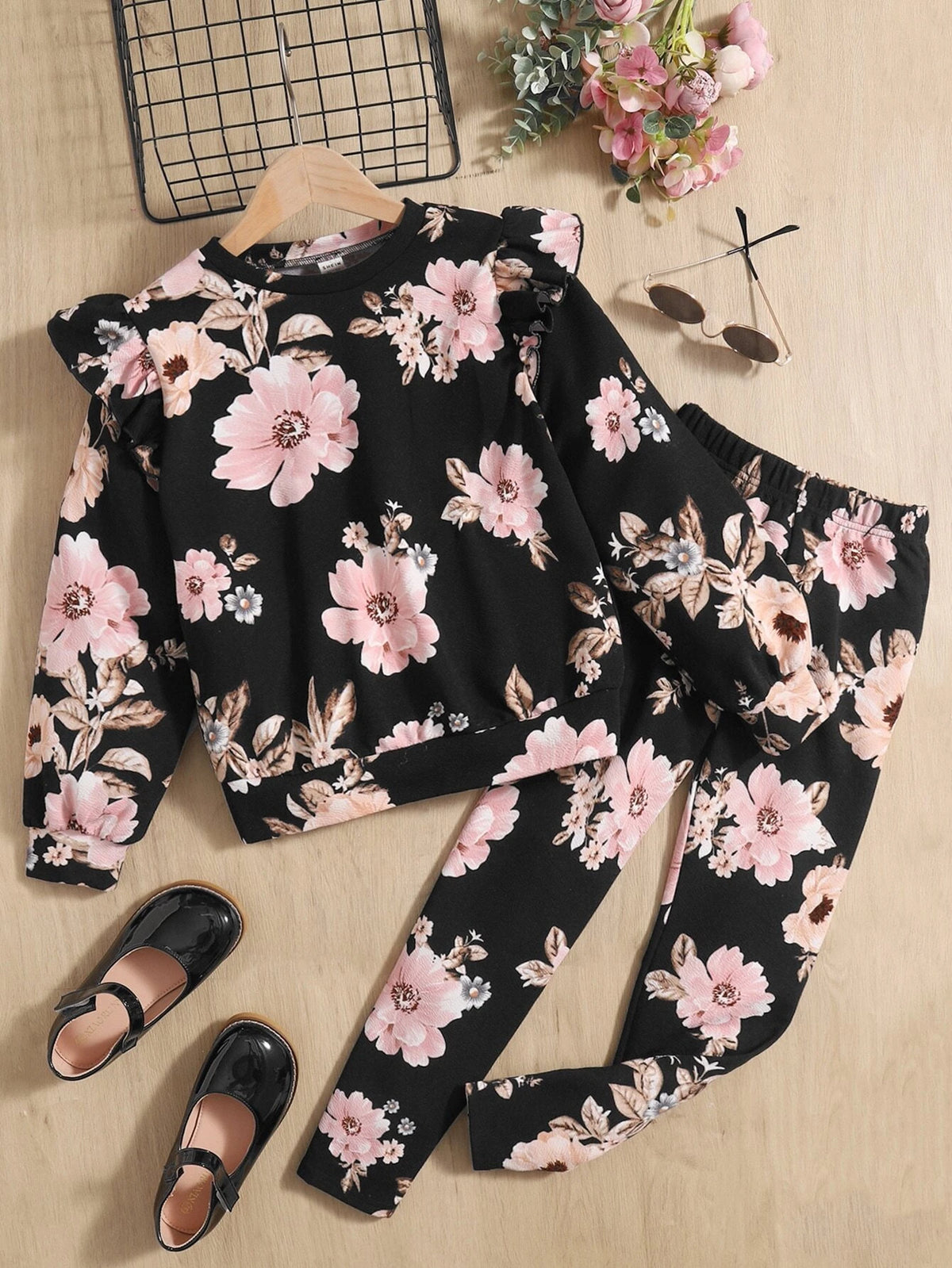 Girls Floral Print Ruffle Trim Pullover & Leggings