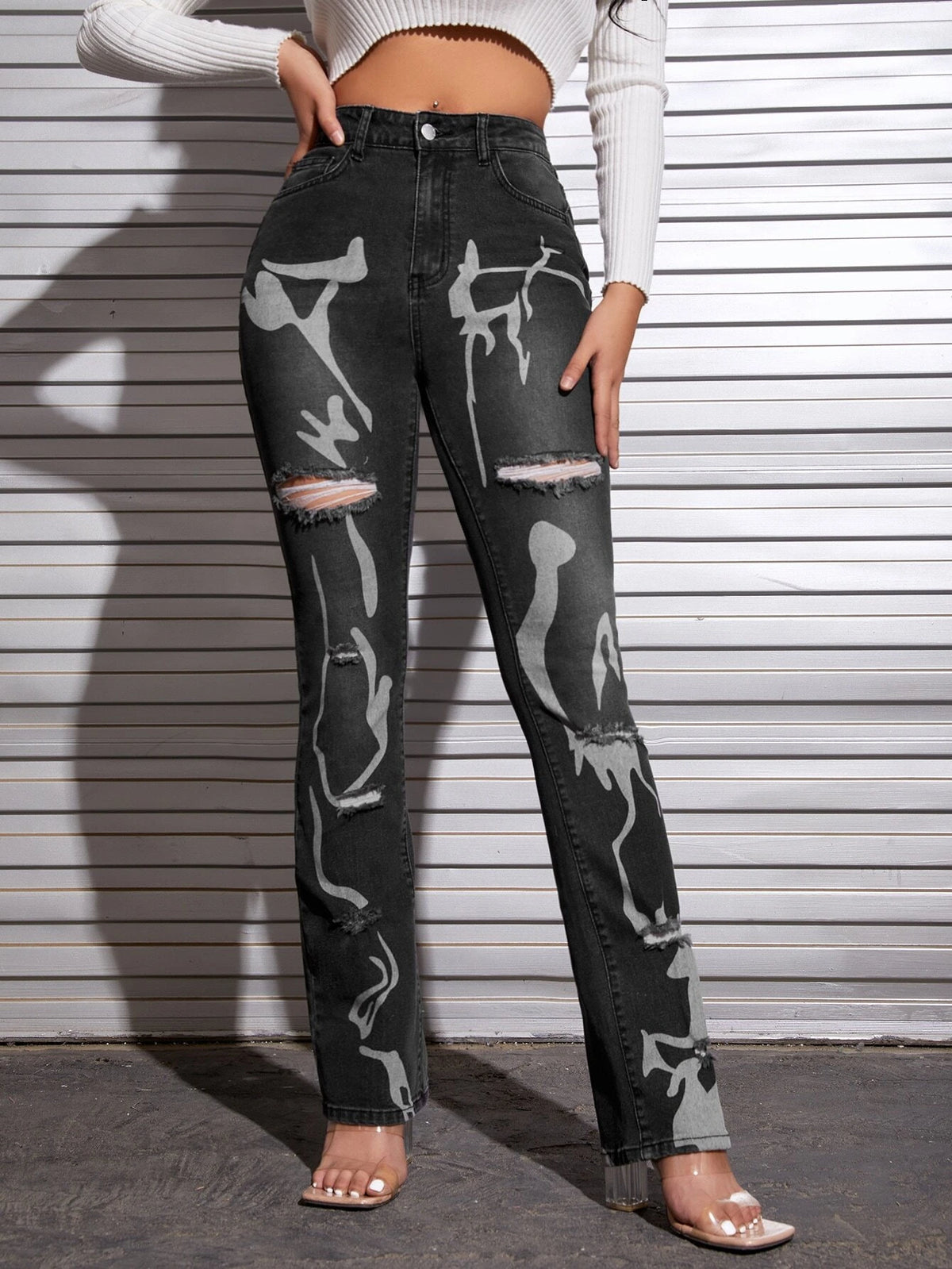 SXY Graphic Print Ripped Jeans