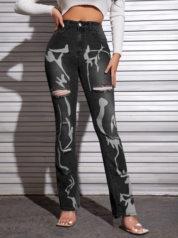 SXY Graphic Print Ripped Jeans