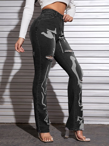 SXY Graphic Print Ripped Jeans