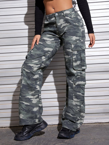 Camo Print Flap Pocket Cargo Jeans