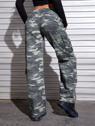 Camo Print Flap Pocket Cargo Jeans