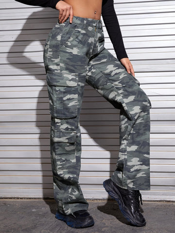 Camo Print Flap Pocket Cargo Jeans