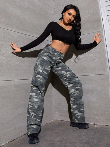 Camo Print Flap Pocket Cargo Jeans