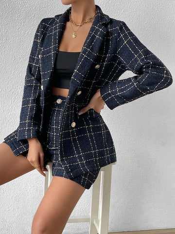 Plaid Pattern Double Breasted Blazer & Shorts