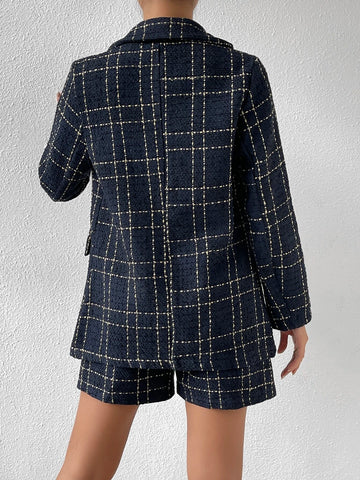 Plaid Pattern Double Breasted Blazer & Shorts
