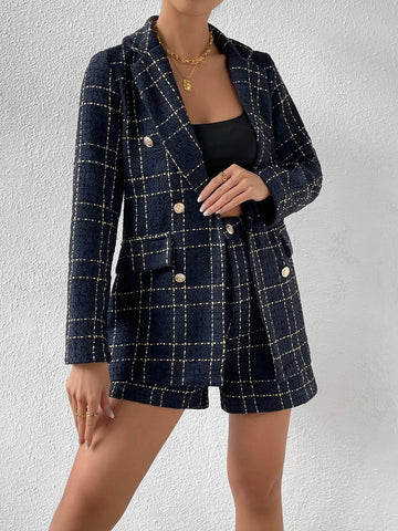 Plaid Pattern Double Breasted Blazer & Shorts