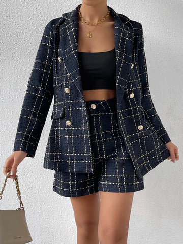 Plaid Pattern Double Breasted Blazer & Shorts