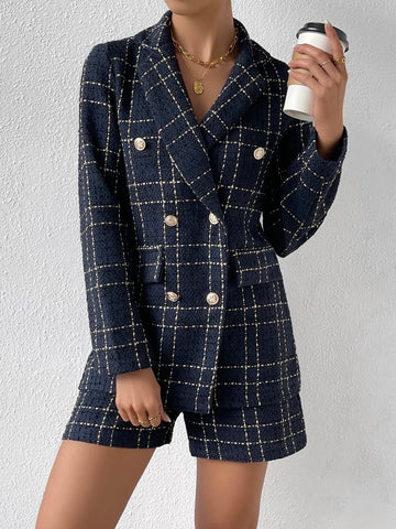 Plaid Pattern Double Breasted Blazer & Shorts