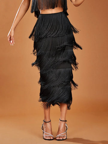 BAE High Waist Fringe Trim Skirt