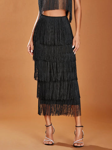 BAE High Waist Fringe Trim Skirt