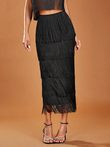 BAE High Waist Fringe Trim Skirt