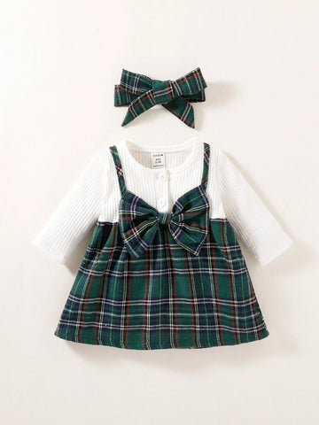Newborn Baby Plaid Bow Front 2 In 1 Dress With Headband