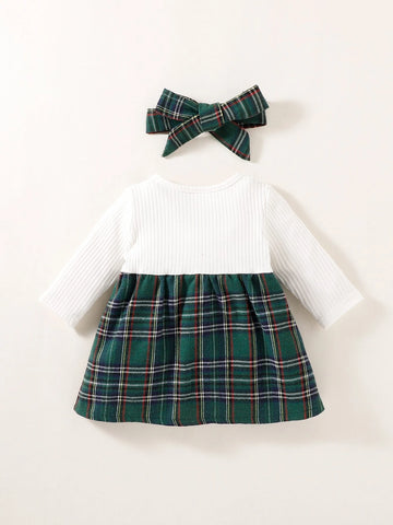 Newborn Baby Plaid Bow Front 2 In 1 Dress With Headband