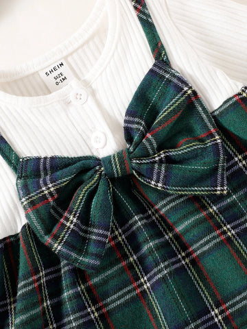 Newborn Baby Plaid Bow Front 2 In 1 Dress With Headband