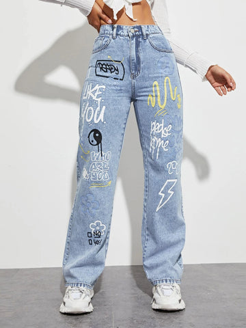 Slogan and Yin & Yang Print Jeans