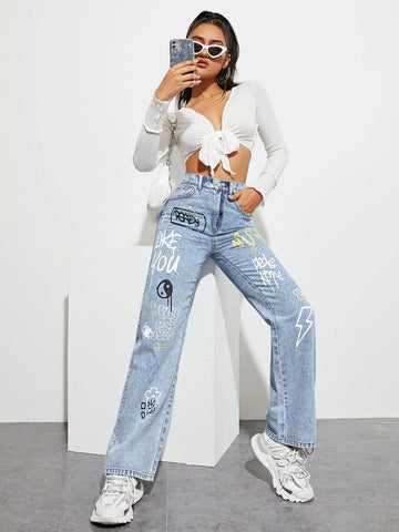 Slogan and Yin & Yang Print Jeans