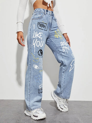 Slogan and Yin & Yang Print Jeans
