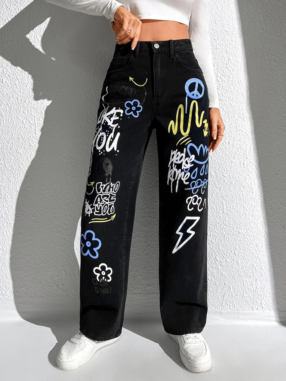 Slogan and Yin & Yang Print Jeans