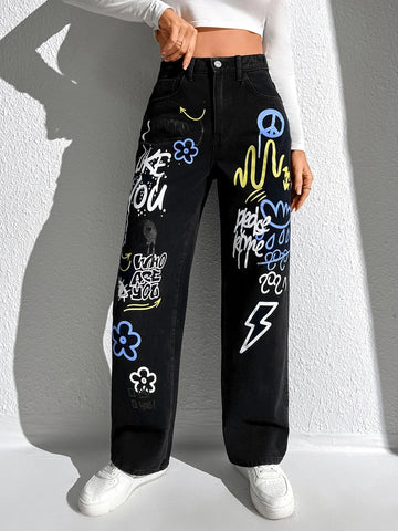Slogan and Yin & Yang Print Jeans