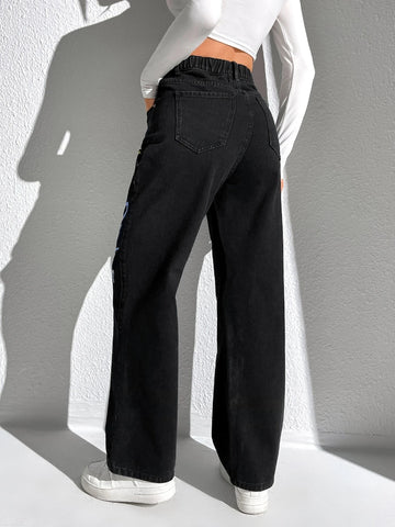 Slogan and Yin & Yang Print Jeans