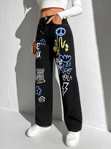 Slogan and Yin & Yang Print Jeans