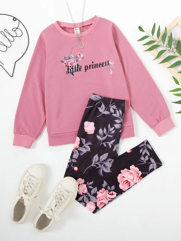 Girls Letter And Floral Print Pullover & Leggings