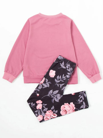 Girls Letter And Floral Print Pullover & Leggings