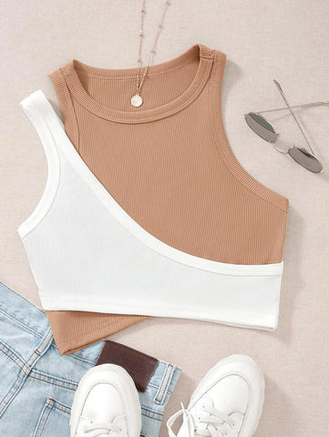 Two Tone Cut Out Crop Tank Top