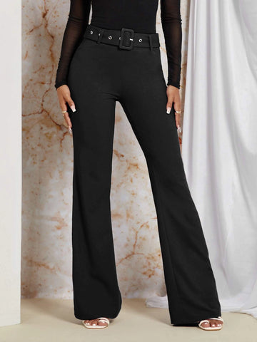 Solid Flare Leg Belted Pants.