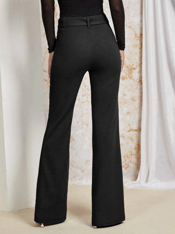 Solid Flare Leg Belted Pants.