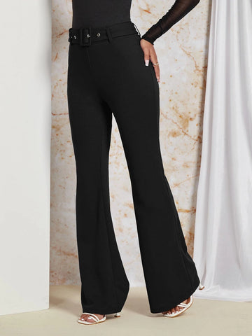 Solid Flare Leg Belted Pants.