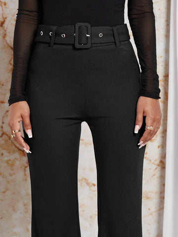 Solid Flare Leg Belted Pants.
