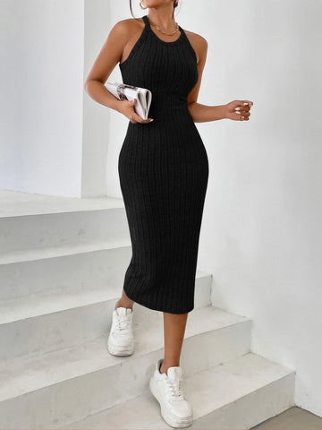 Solid Halter Neck Bodycon Dress
