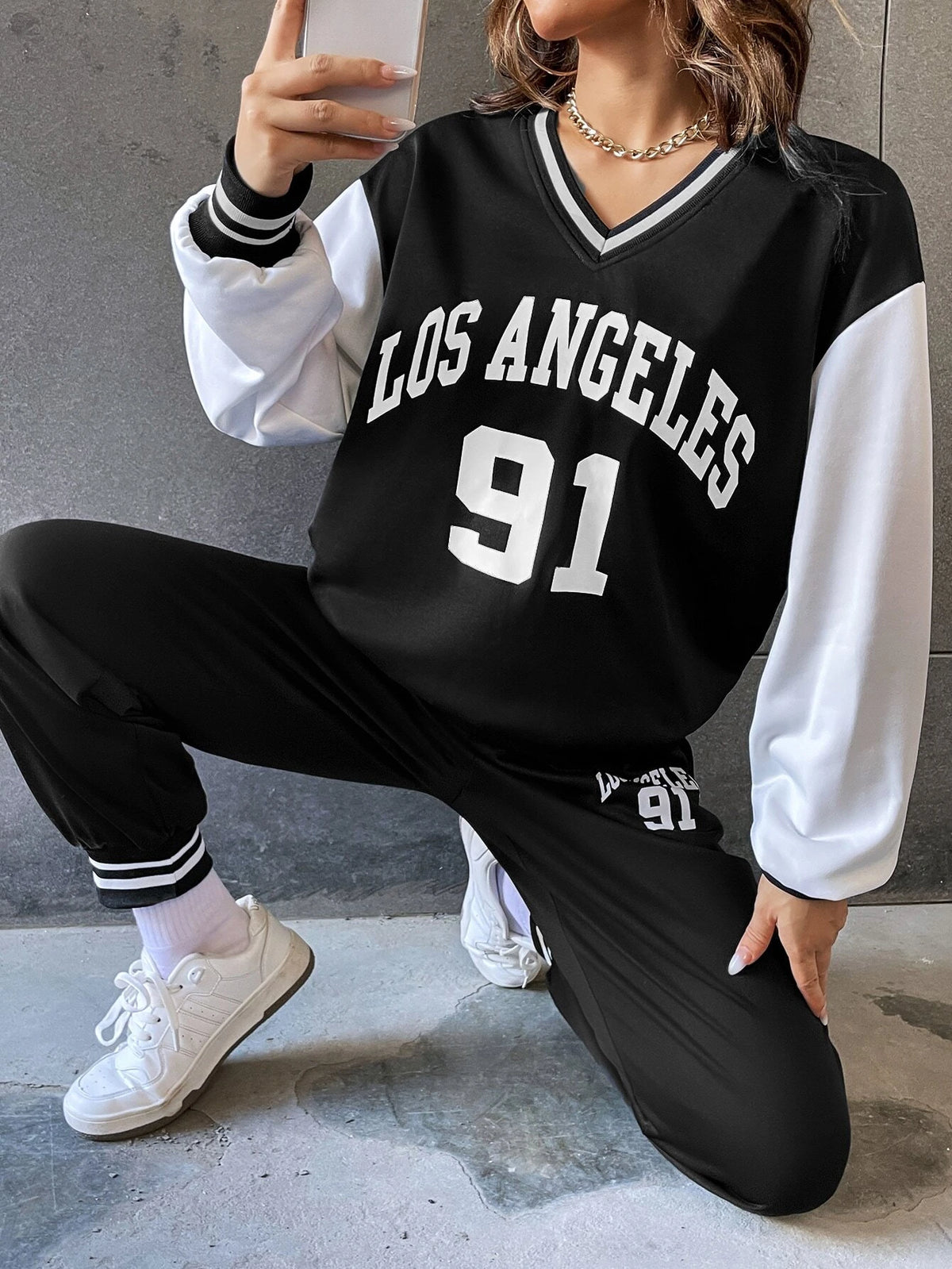 Letter Graphic Two Tone Striped Trim Pullover & Sweatpants