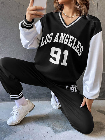 Letter Graphic Two Tone Striped Trim Pullover & Sweatpants