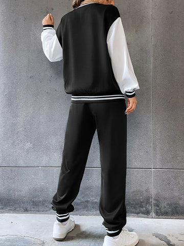 Letter Graphic Two Tone Striped Trim Pullover & Sweatpants
