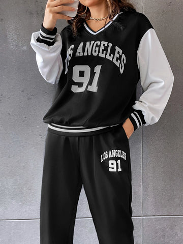 Letter Graphic Two Tone Striped Trim Pullover & Sweatpants