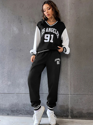 Letter Graphic Two Tone Striped Trim Pullover & Sweatpants