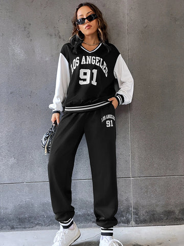 Letter Graphic Two Tone Striped Trim Pullover & Sweatpants