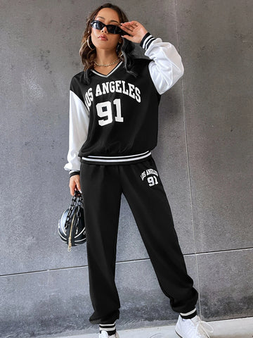 Letter Graphic Two Tone Striped Trim Pullover & Sweatpants