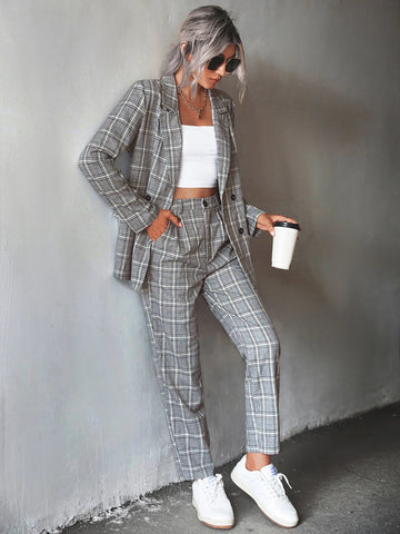 Plaid Print Double Breasted Blazer & Pants