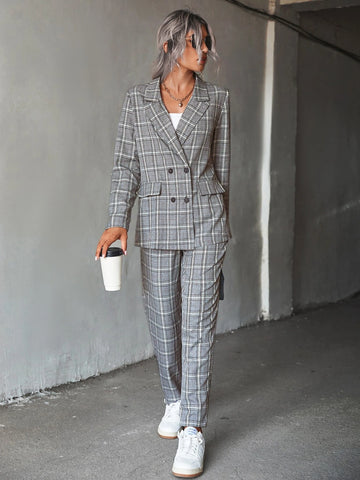 Plaid Print Double Breasted Blazer & Pants