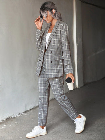 Plaid Print Double Breasted Blazer & Pants