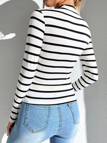 Striped Print Mock Neck Tee