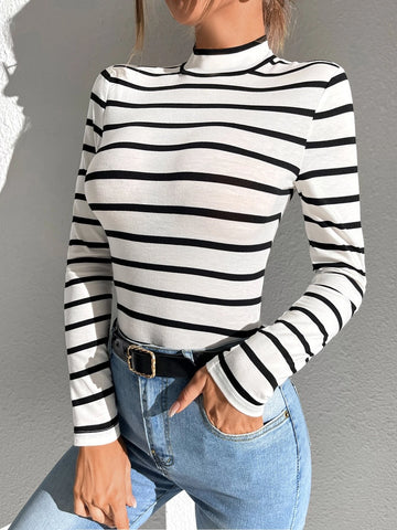 Striped Print Mock Neck Tee